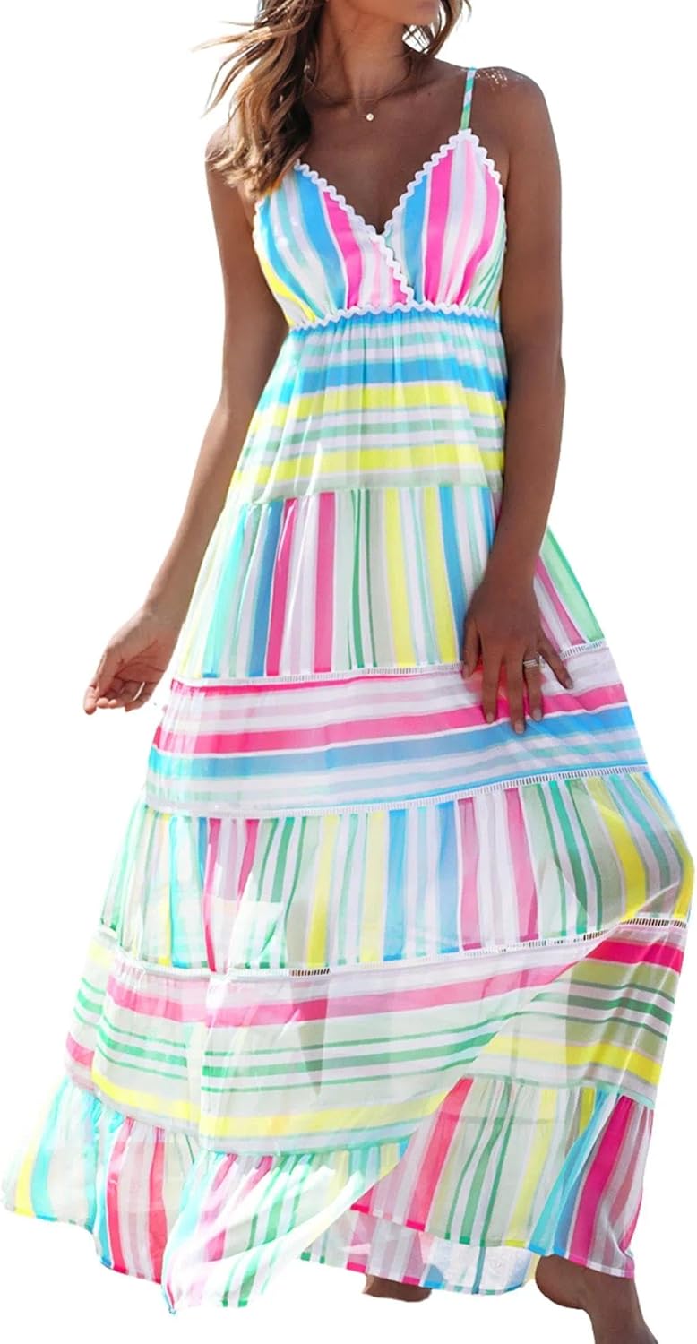 popvil Women Spaghetti Strap Maxi Dress Striped Summer Sleeveless V Neck Flowy Boho Beach Casual Long Dress