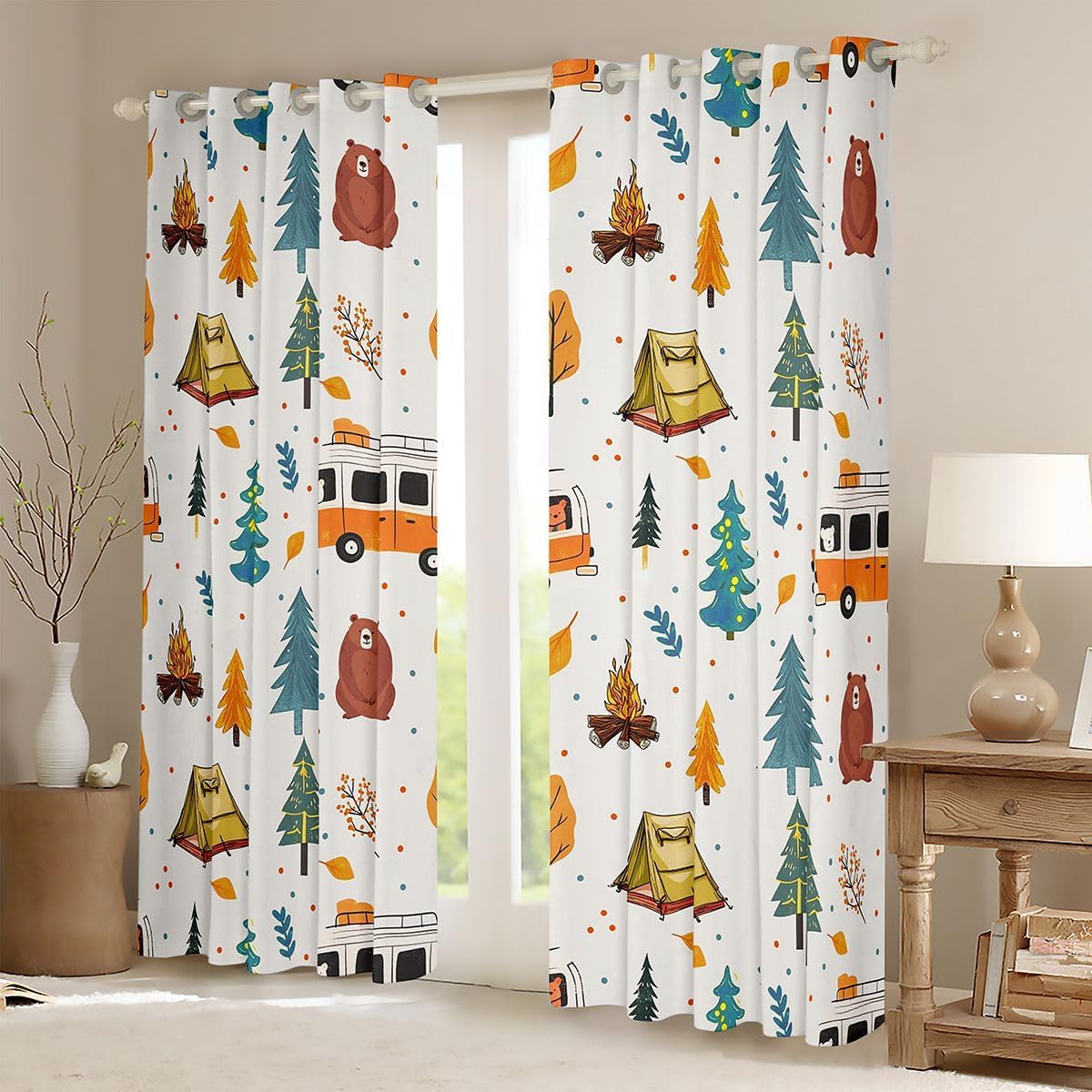 Feelyou Camping Curtains Happy Camping Blackout Darkening Drapes Camper Accessories for Travel Trailers Window Treatments, 2 Panels 38 x 45 Inch Cartoon Room Decor Farmhouse Trailers Camper image 2