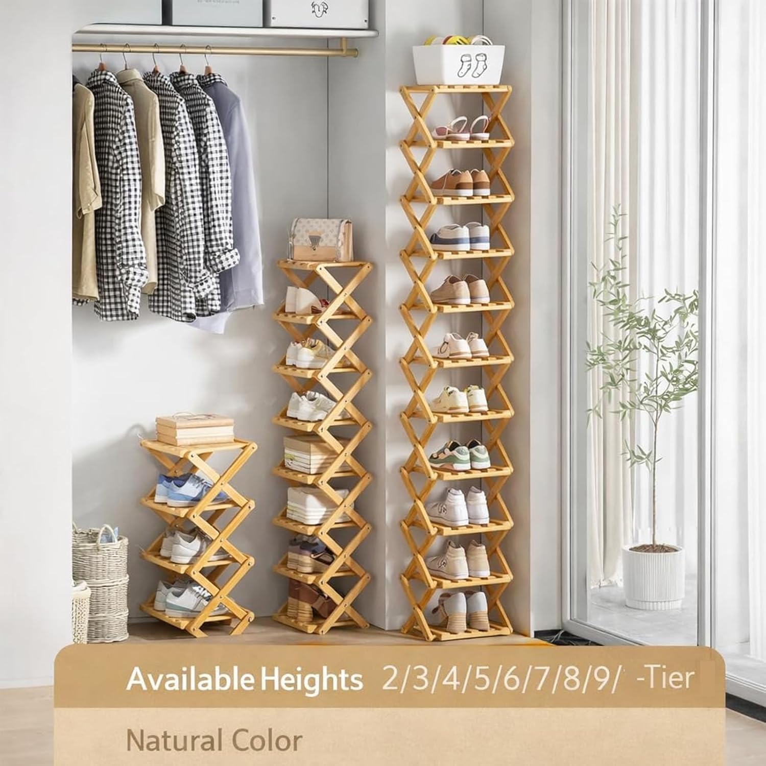 Bamboo Shoe Storage Rack, Foldable Shoe Rack for Small Spaces. Multifunctional Narrow Shoe Shelf for Entryway, Closet, Corner, Bedroom, Hallway (Brown, 5 Layers)