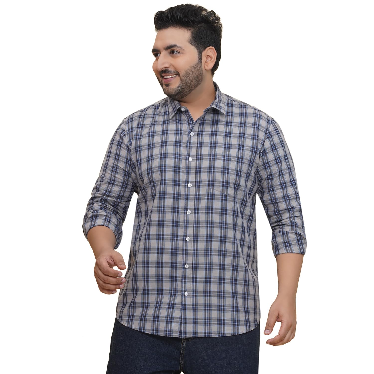 JOHN PRIDEPlus Size Men Regular Fit Cotton Gingham Checks Grey Casual Shirt (EJPSF45371)