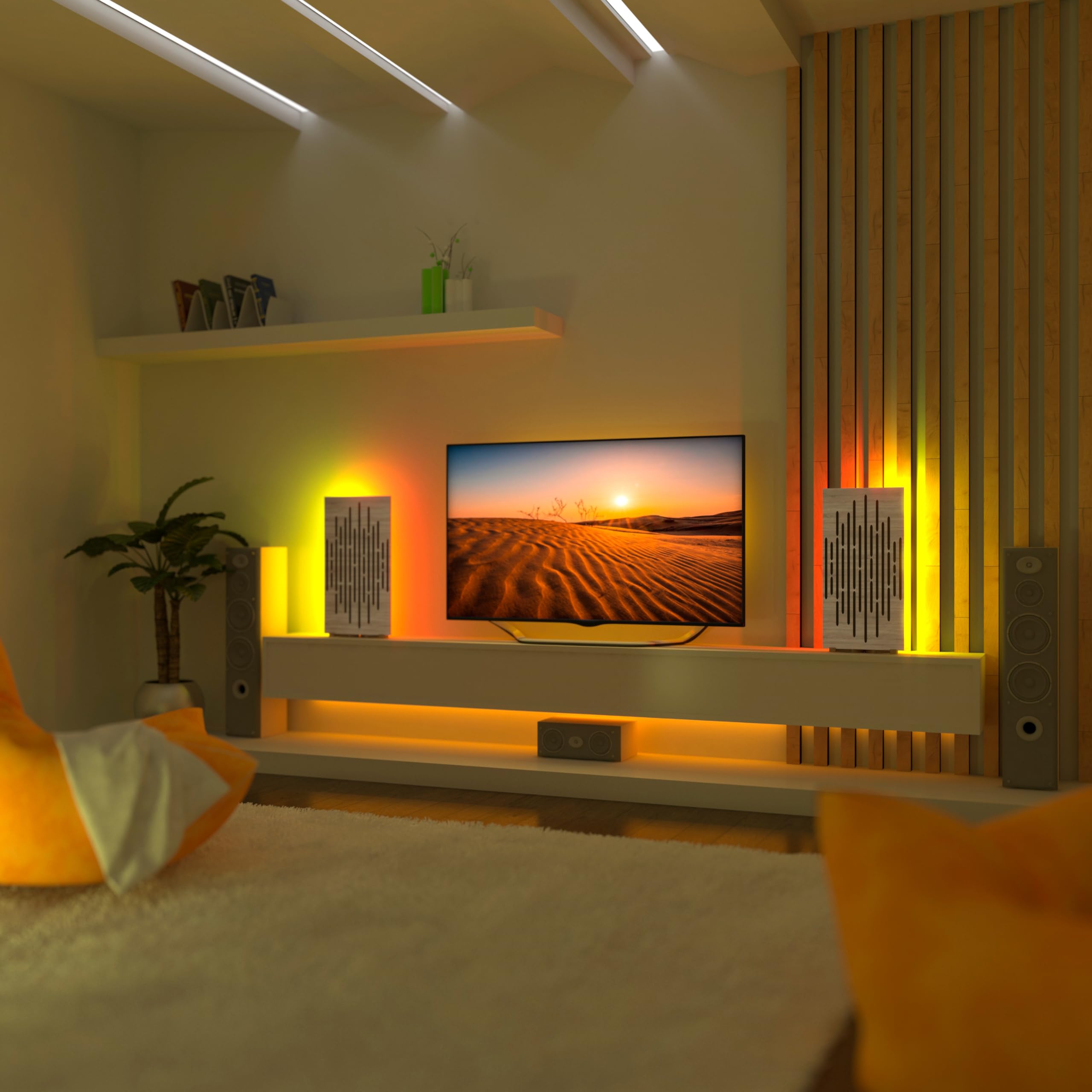 Pack de 2 paneles acústicos estrechos «WAVE-mini» con lámpara de escritorio RGB | Soporte móvil con base LED para mesa | Para estudios de podcast y salas de juegos | 50×25cm | Color: Sonoma