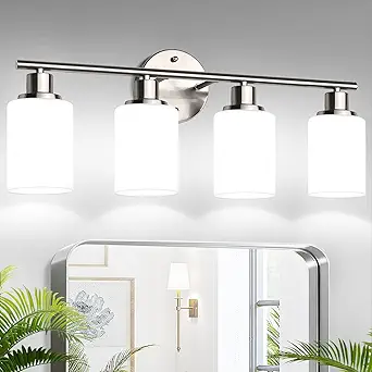 4-Light Bathroom Light Fixtures, Brushed Nickel Modern Vanity Lights with Milky White Frosted Glass Shades, Bathroom Wall Lamp for Mirror Kitchen Living Room