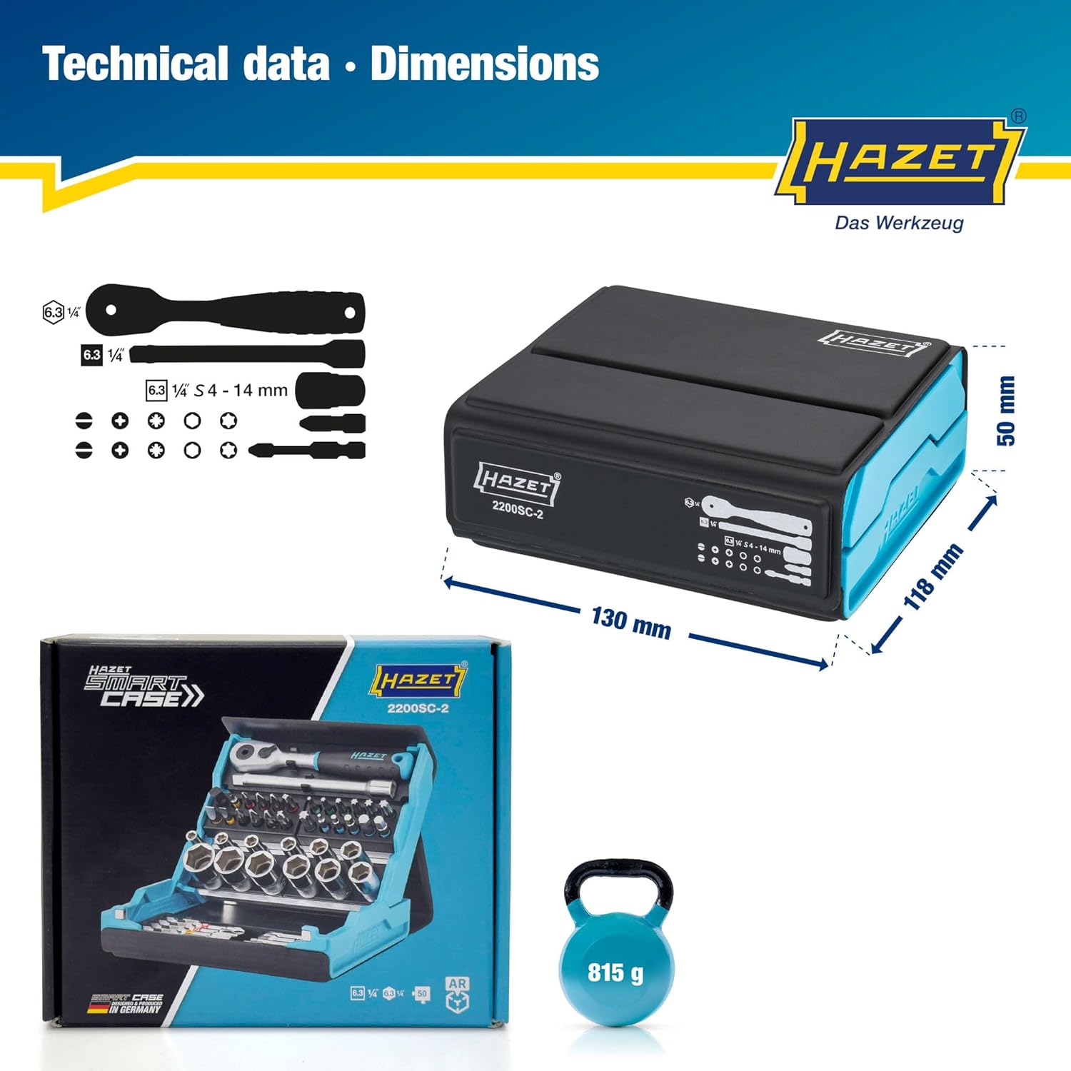 HAZET Smartcase Socket Set 2200SC-2 I 50-Piece Tool Socket Set, Drive: Hexagon and Square 6.3 Mm (1/4 Inch), Mobile Tool Case