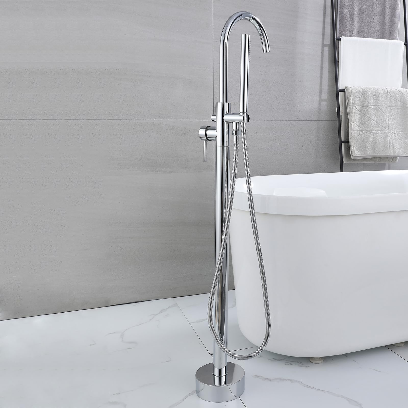 SBCGFY Modern Freestanding Shower Bath Faucet With Swivel Gooseneck Spout Single Handle Hot And Cold Water Mixer Tap In Chrome Finish,