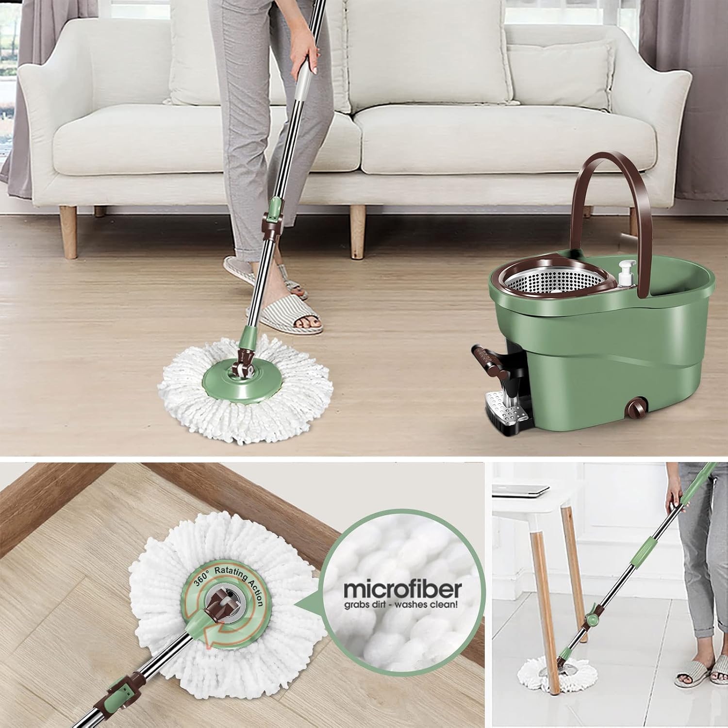 MASTERTOP Spin Mop and Bucket with Wringer Set, Floor Cleaning System with Foot Pedal, Easy Wring, Adjustable Handle, 5 Microfiber Mop Refills, 5 Cleaning Clothes, Hardwood Laminate Tiles