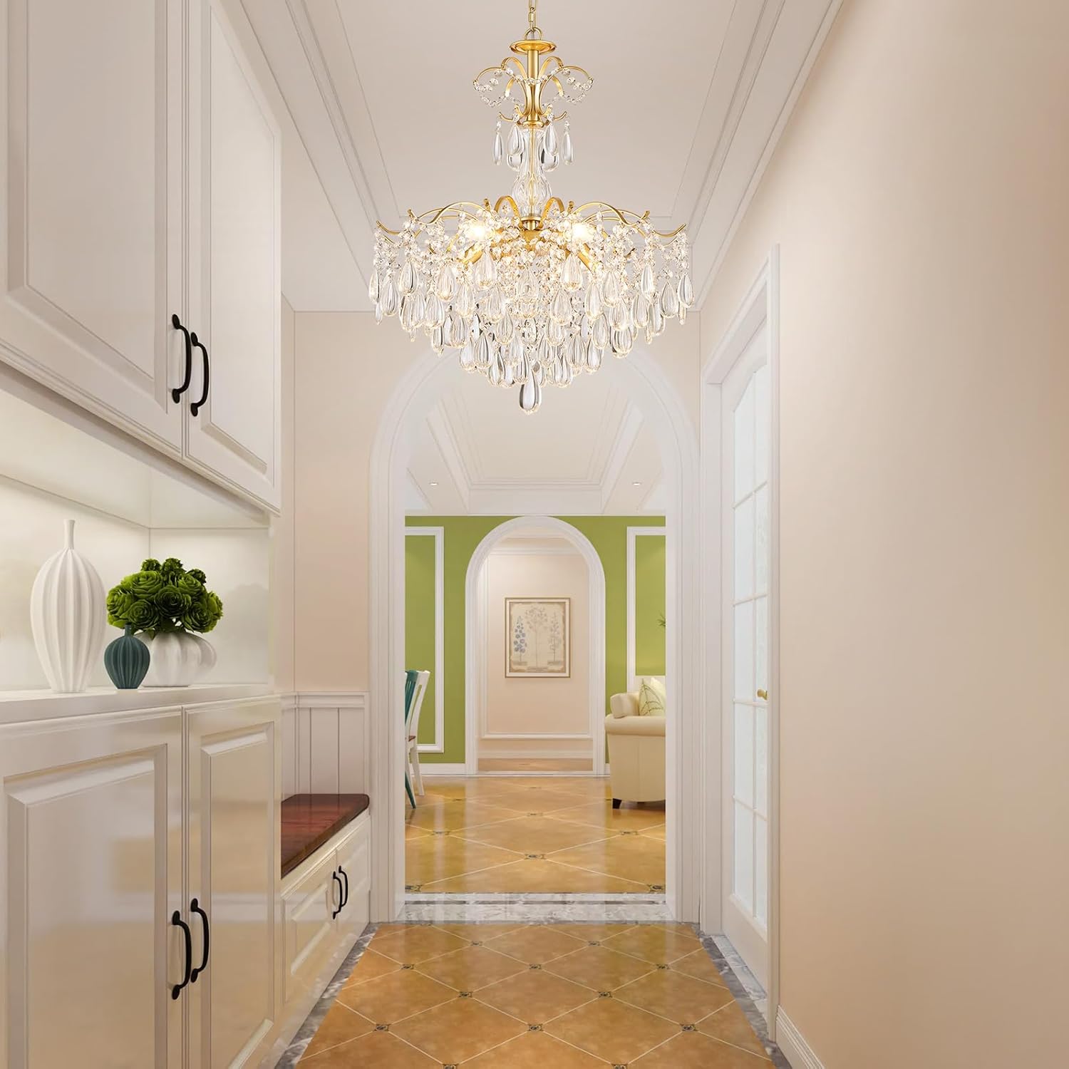 WUZUPS 6-Light Crystal Chandelier Pendant Ceiling Light Modern Lighting Fixture for Bedroom Hallway Bar Kitchen Bathroom, H 25.6" W21.7, E12 Base, Gold