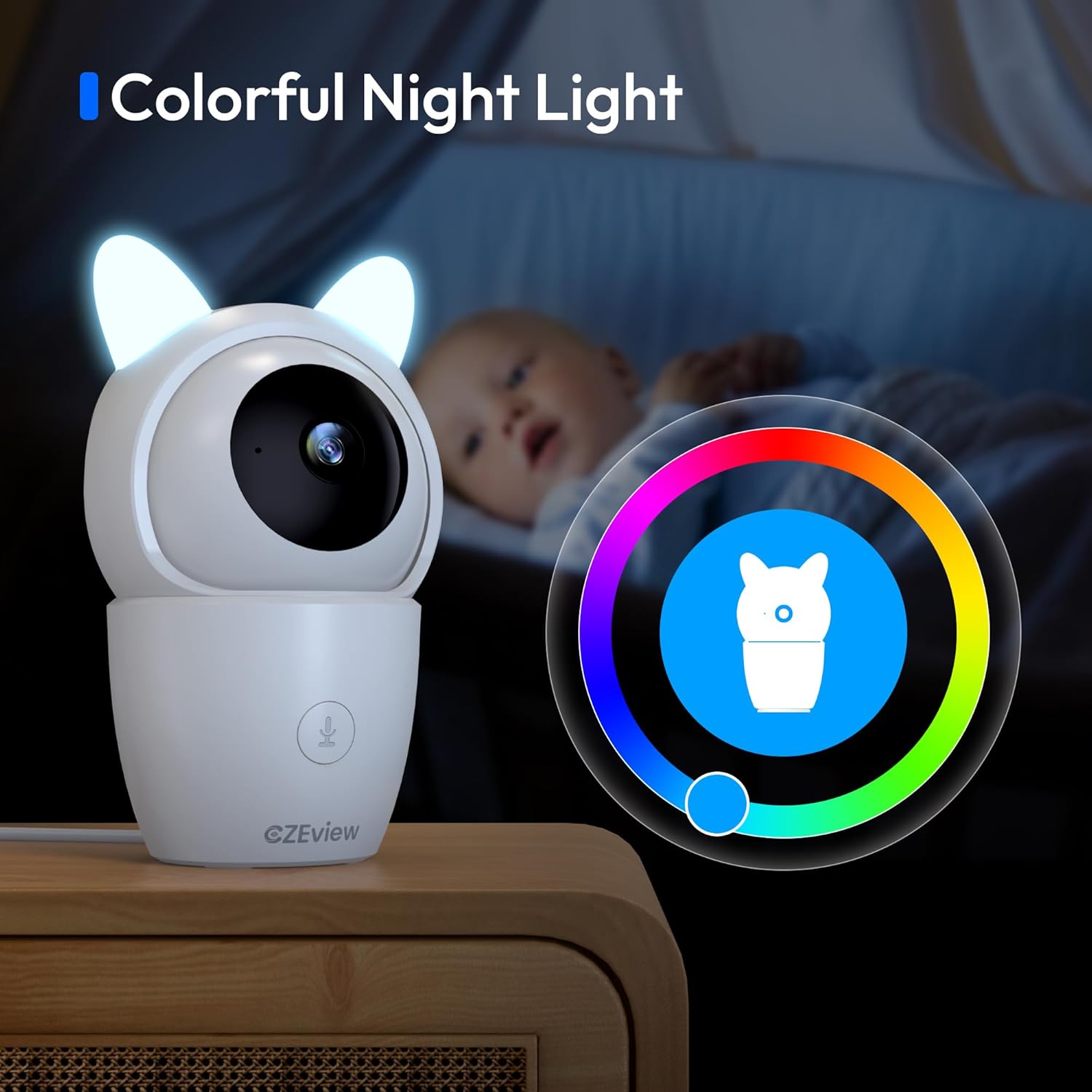 CZEview monitor with glowing cat ears acting as a colorful night light next to a baby's crib