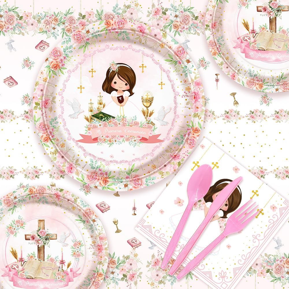 309 Pcs Pink Mi Primera Comunion Party Supplies Decorations for Girl Pink First Holy Communion Party Decorations