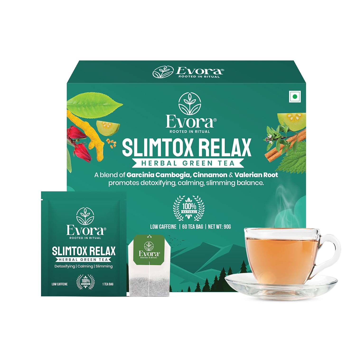 EVORA Slimtox Relax Herbal Green Tea, Low Caffeine, Double Chambered 60 Tea Bags, 90g ||
