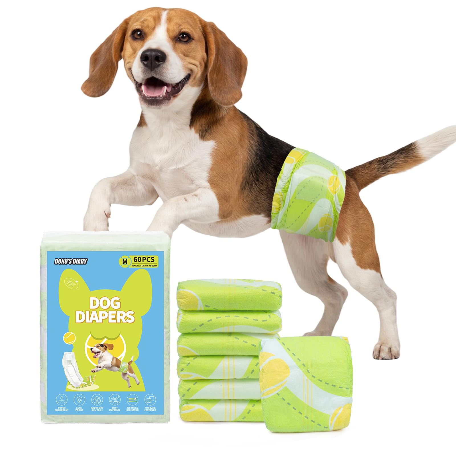 Dono 60 pañales desechables para perros con indicador de humedad y barrera a prueba de fugas, pañales para perros para incontinencia, problemas de marcado, M (45-63 cm)