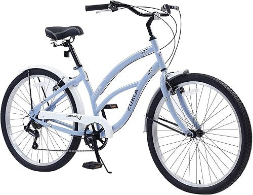 MEGHNA Bicicleta de crucero de playa de 26 pulgadas, ruedas de 7 velocidades, freno en V, cómodo sillín clásico, retro, bicicleta de crucero,