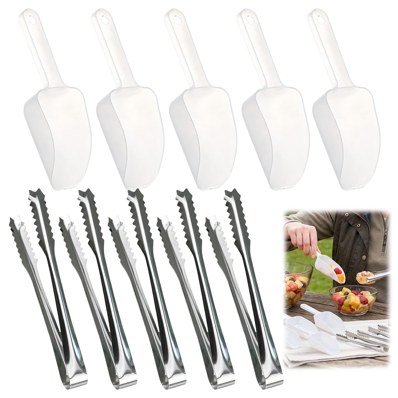 10PCS Ice Scoop and Tongs Set, Small Sweet Scoop for Utility and Tongs for Party Supplie