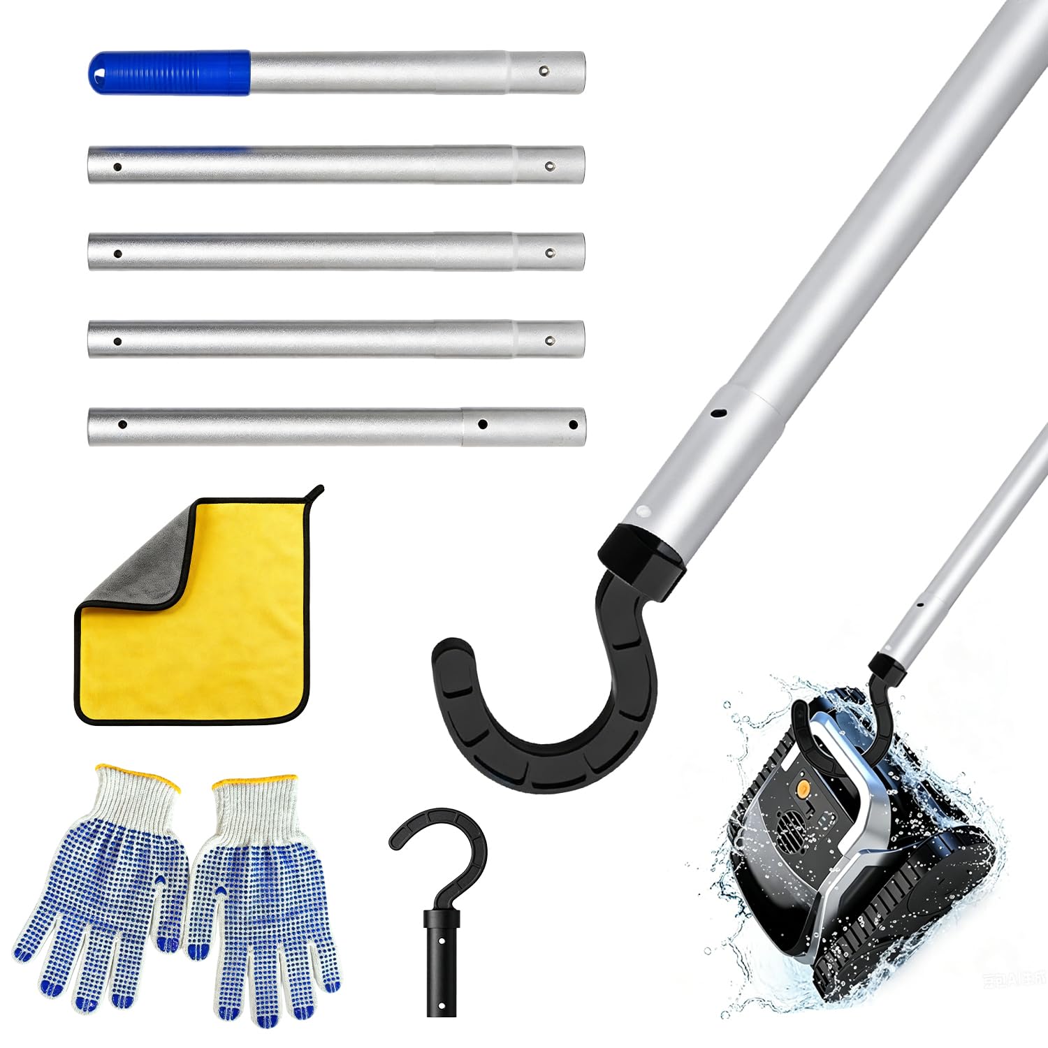 Set de 4 Crochet Robot Piscine 185 CM Tige Télescopique Crochet pour Aspirateur pour Piscine Set Facile à Utiliser Avec Gants et Chiffon Compatible Avec la Plupart des Dispositifs de Nettoyage