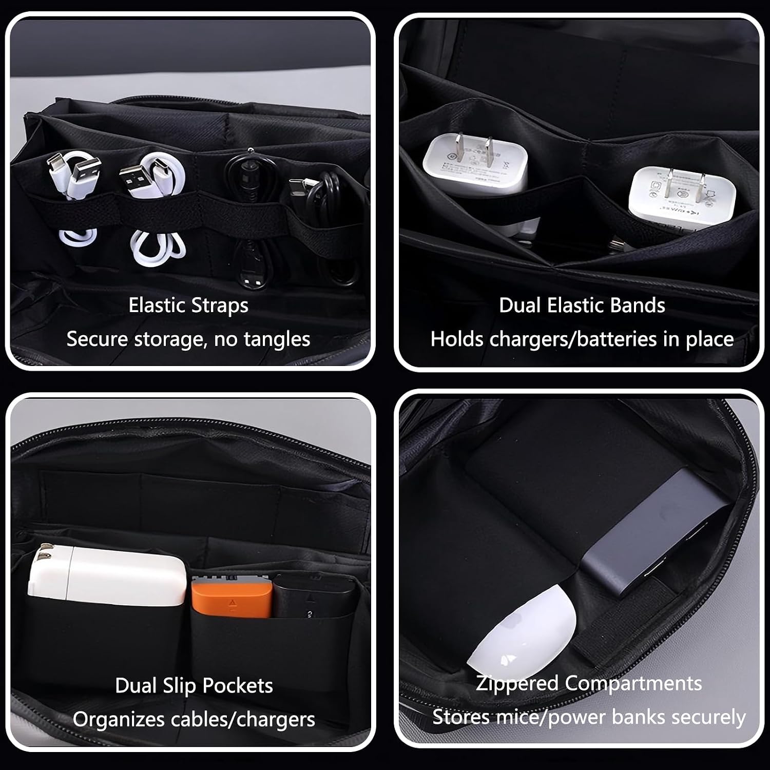 Electronics Travel Organizer Case - Tech Accessories Cord Storage Bag for Phone, Charger, Power Bank, Cables, USB, SD Card, Earphones, Magic Mouse - Portable Cable Organizer Pouch for Travel (Black)
