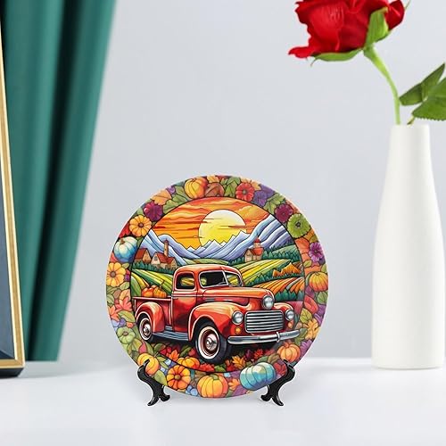 Miniatura 6 de Gokays Platos decorativos, diseño retro de otoño con corona de camión y calabaza, vitral, placa de exhibición para el hogar, oficina, cocina,