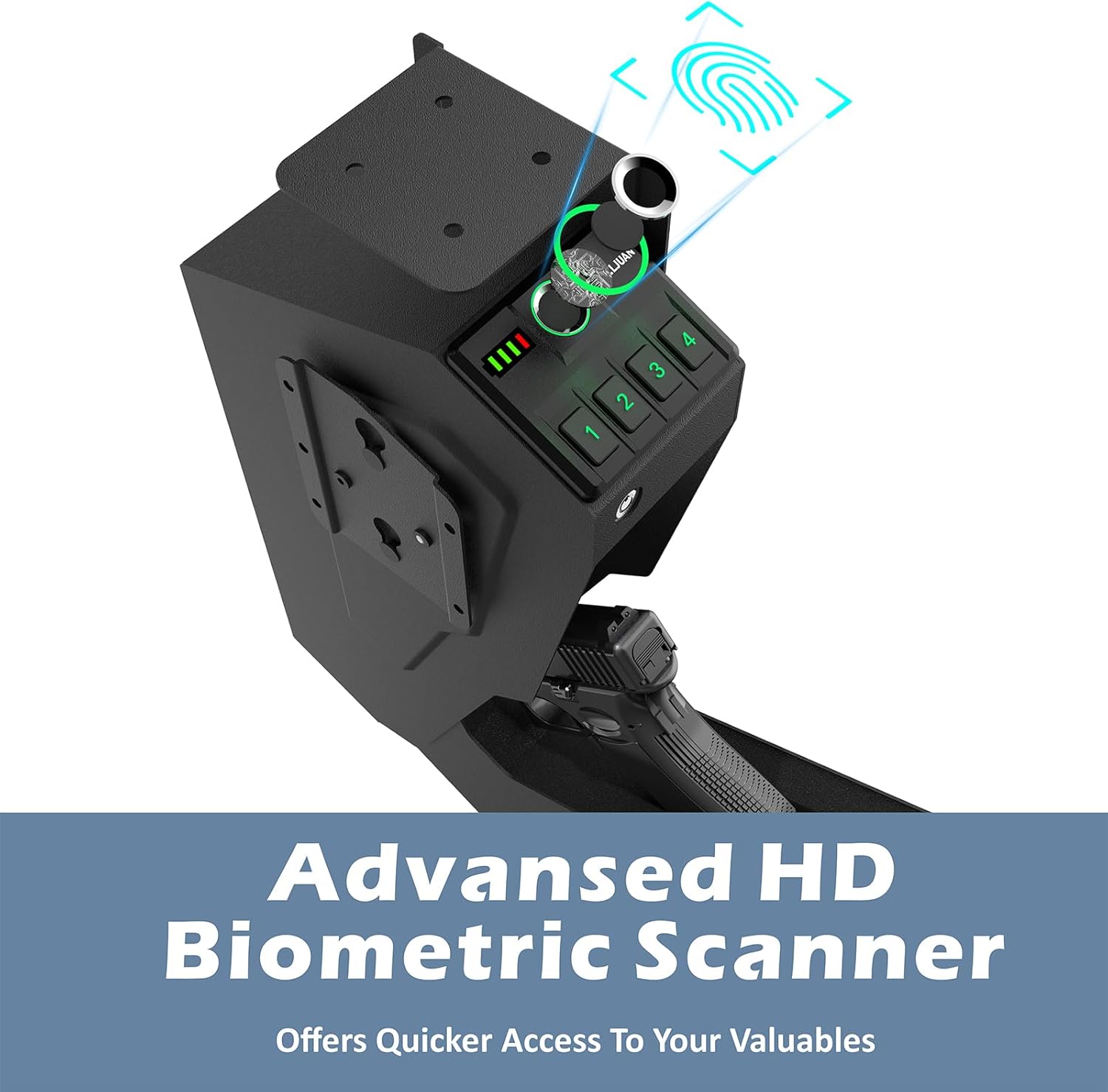 Mounted Gun Safe for Pistols,Quick-Access Handgun Pistol Safe for Nightstand Bedside Desk Bed with Biometric Fingerprint, Keypad Lock,Key