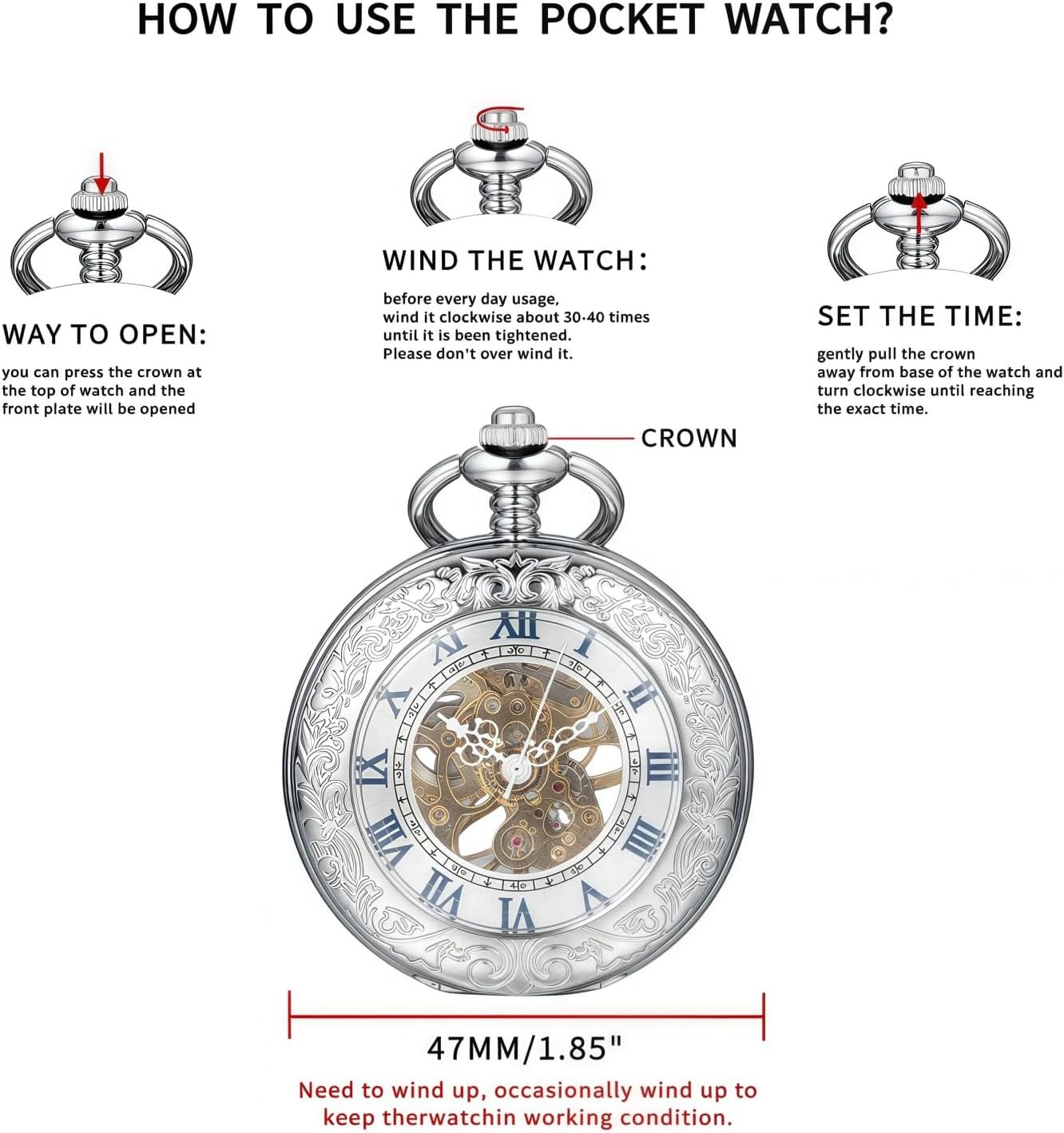 Mechanical Pocket Watch, for Men Women Special Magnifier Half Hunter Engraved Case Roman Numerals with Chain