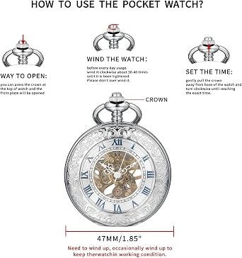 Mechanical Pocket Watch, for Men Women Special Magnifier Half Hunter Engraved Case Roman Numerals with Chain