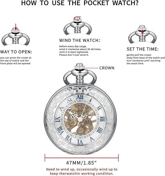 Mechanical Pocket Watch, for Men Women Special Magnifier Half Hunter Engraved Case Roman Numerals with Chain
