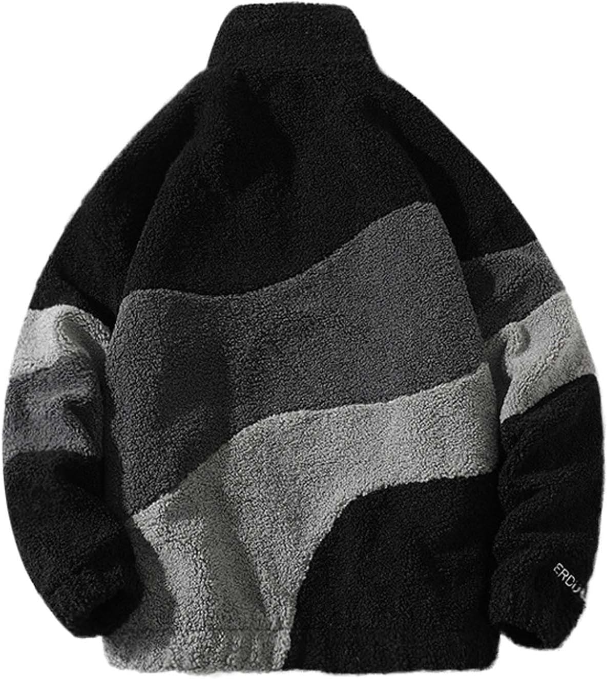 Akklian Men's Casual Colorblock Fleece Fluffy Jacket Zip Up Stand Collar Fuzzy Warm Drawstring Oversized Sweatshirt Outerwear