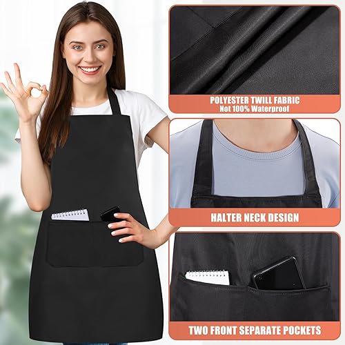 Miniatura 4 de Paquete de 12 delantales con peto, delantales negros a granel, delantales unisex lisos con 2 bolsillos, delantal negro lavable a máquina para