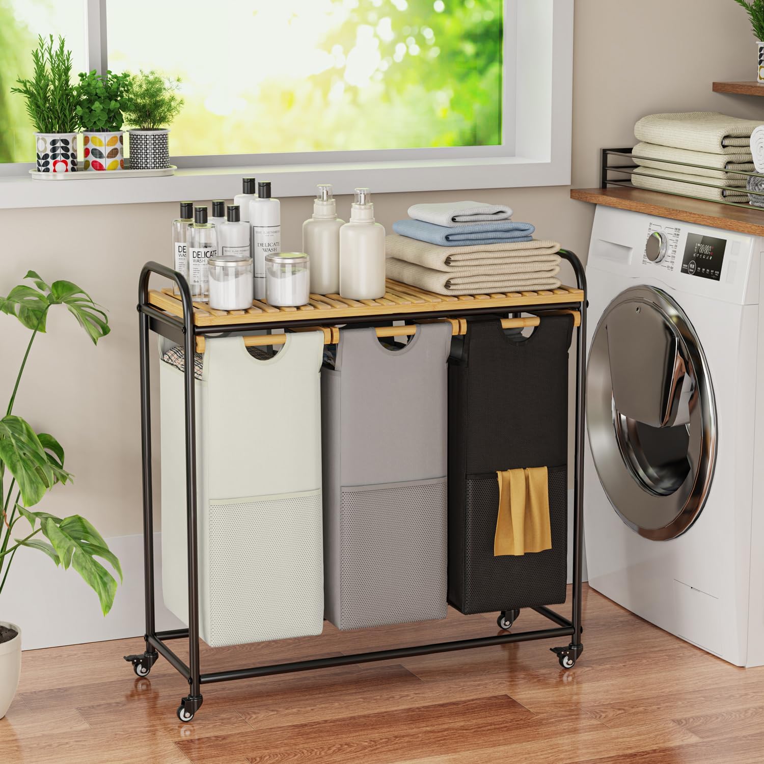 Laundry Hampers 3 Section, Laundry Sorter with Removable Shelf and Pull-Out Bags, Rolling Cart Clothes Hampers Basket with Wheels for Laundry Room Bathroom, 3 x 45 L (Black Beige Gray)