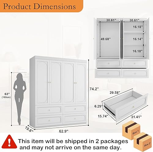 Miniatura 2 de Armario Armario con cajones: Armario de madera de 74 pulgadas con 4 puertas, Armario grande para dormitorio con estantes, armarios altos para colgar