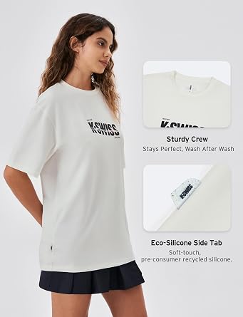 K-Swiss Heritage Women's Oversized T-Shirt, Silky Soft Crewneck T-Shirts with Eco-Embossed Graphic for Casual Lounge