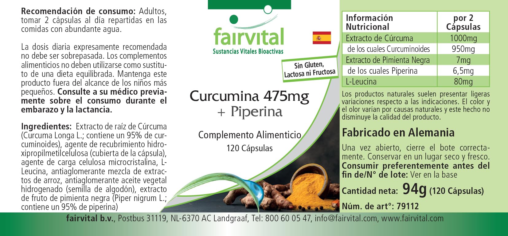 fairvital Gélules de curcuma, 500mg d'extrait de curcuma par gélule, 120 gélules, HAUTEMENT DOSÉES, curcumine 95% avec biopérine (pipérine)