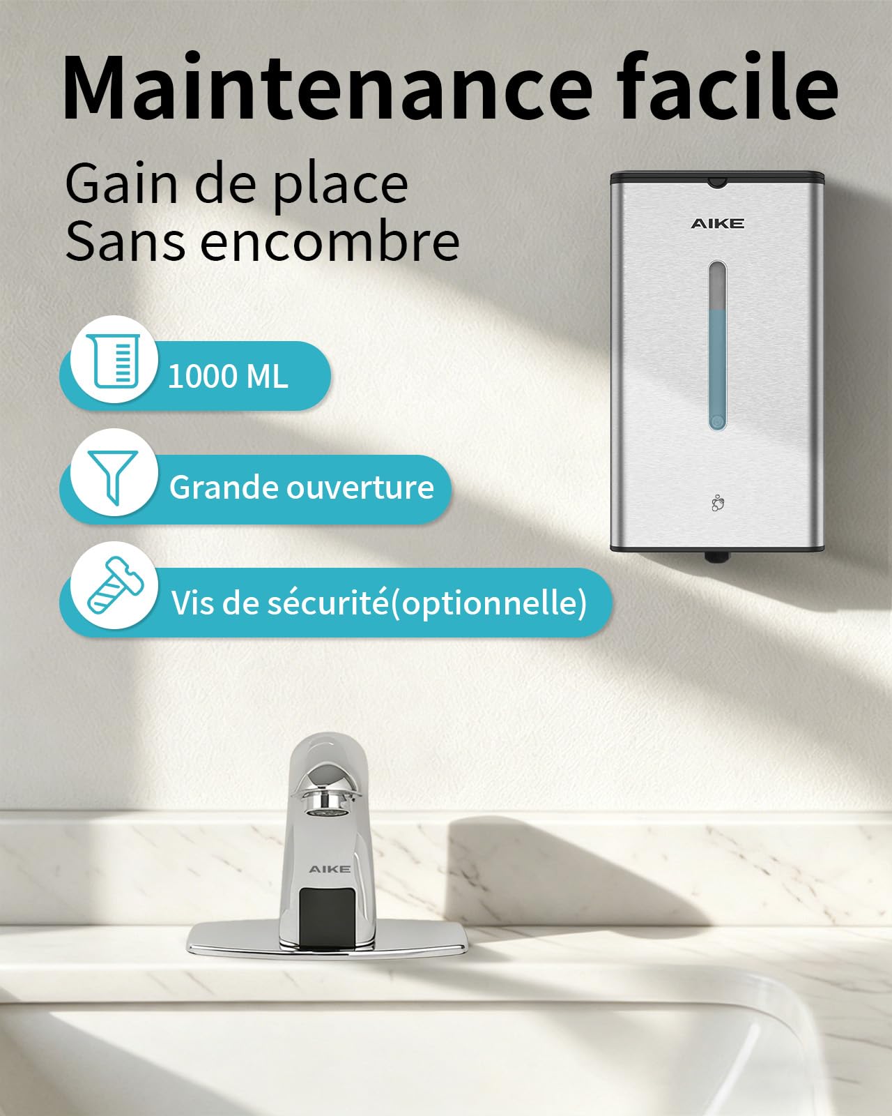 AIKE Distributeur De Savon Moussant Automatique, Murale pour Usage Commercial, 1000ML Acier Inoxydable pour Savon À Mains Moussant, AK1207FA