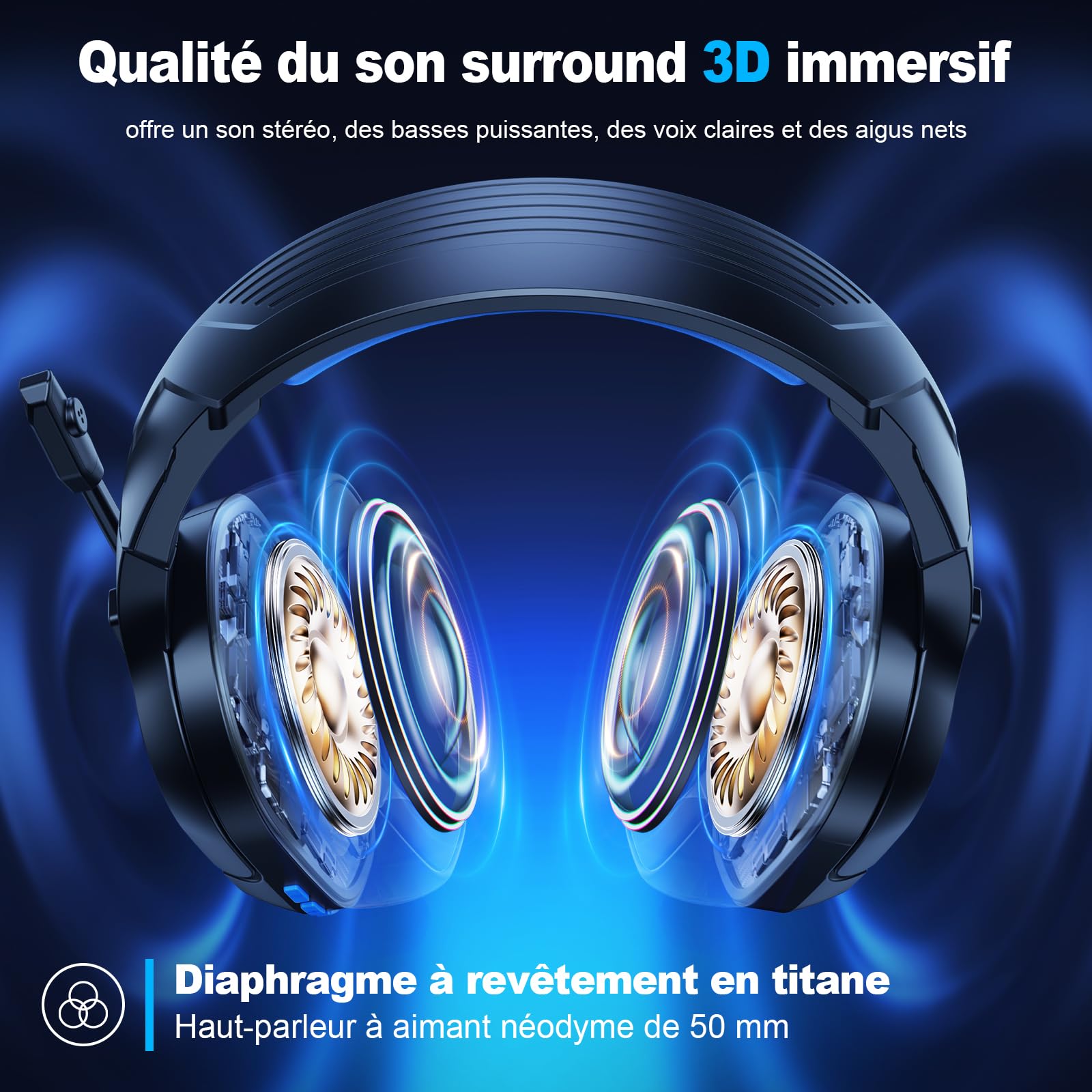 Fachixy FC200 Casque Gaming sans Fil, 2.4GHz Casque Bluetooth sans Fil avec Micro pour PS5, PS4, PC, Switch, Mac, Mobile, Casque Gaming Pliable avec Son Stéréo et Éclairage LED, Batterie de 50h