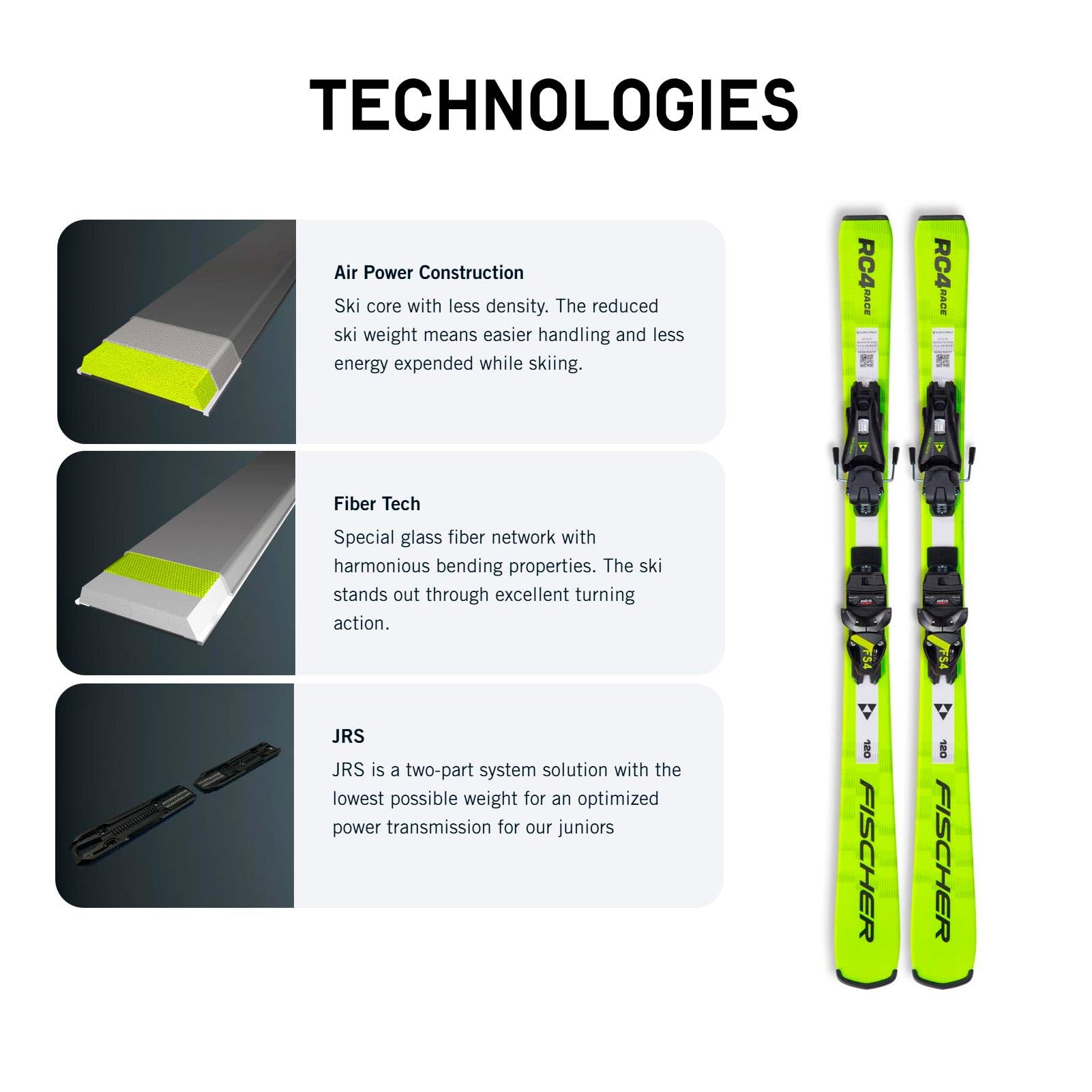 FISCHER RC4 Race Junior Piste Kit de ski alpin avec fixations FS 4 GW CA JRS Brake 80 [I] | Air Power Core, fibre Tech Responsive Flex et base extrudée durable | Skis de niveau avancé et débutant