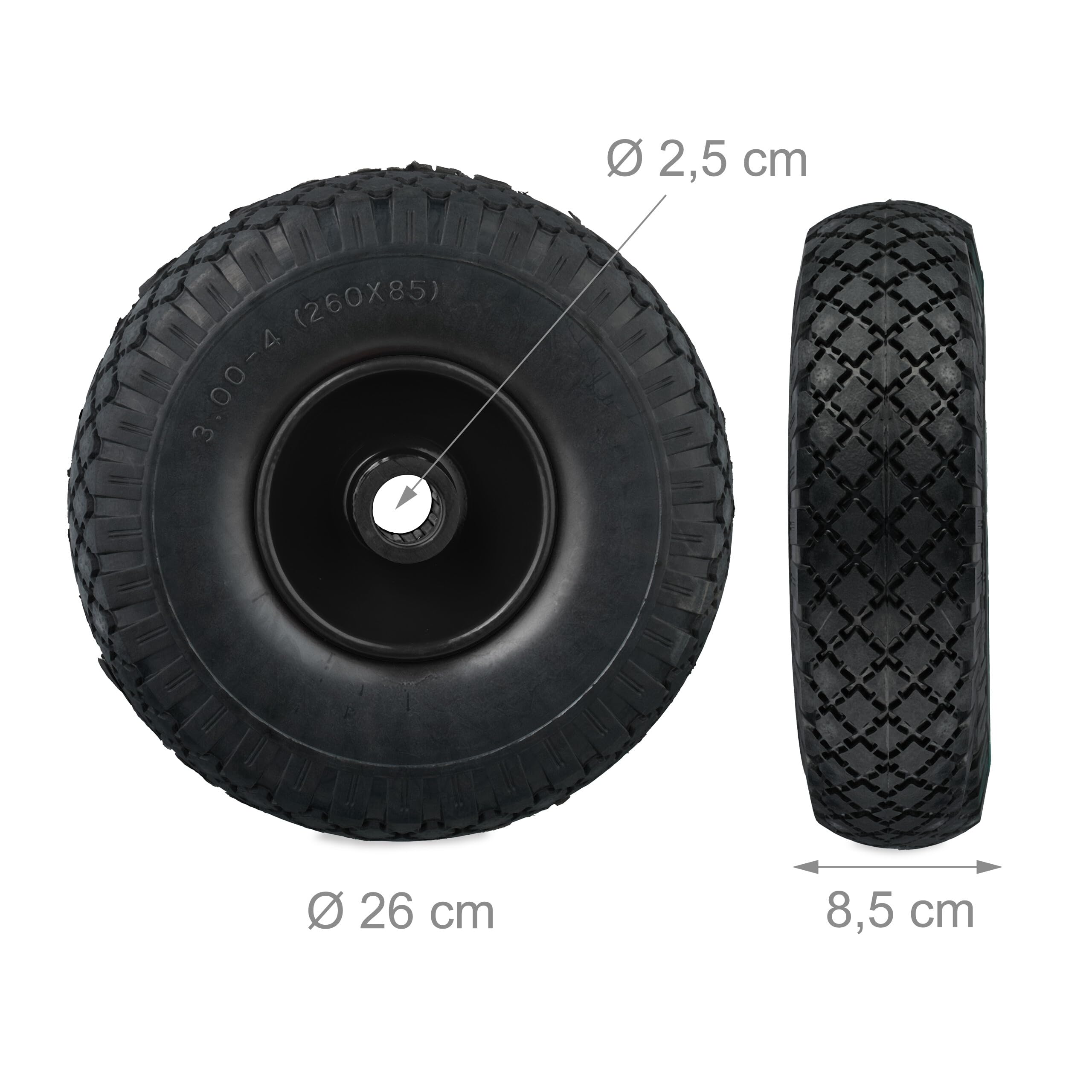 Ruote Per Carriola Relaxdays 3.00-4 - Set 2 Gomme Piene Antiforatura Con Cerchi In Acciaio E Adattatori