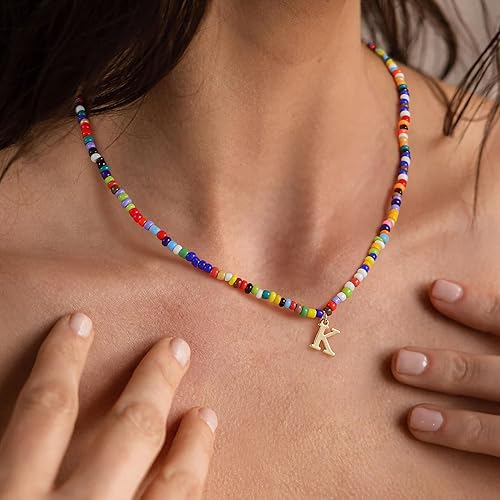 Miniatura 3 de Yoosteel Collares con iniciales de cuentas coloridas para niñas y mujeres, regalos - Lindo collar de gargantilla de cuentas bohemio, collar con