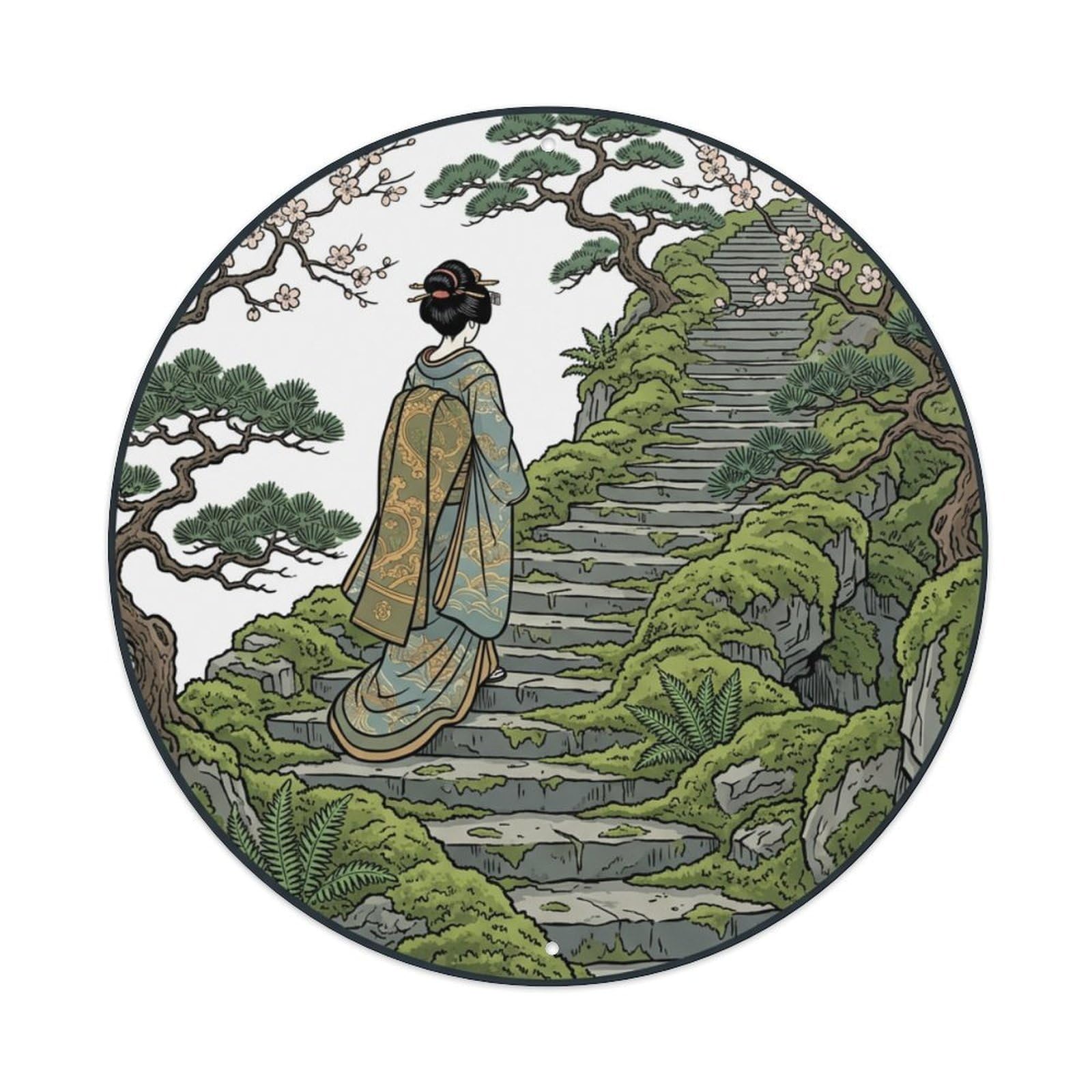 Galvaxio Style Japanese Kimono Woman Stone Steps Moss Pathway Tranquil Metal Tin Sign