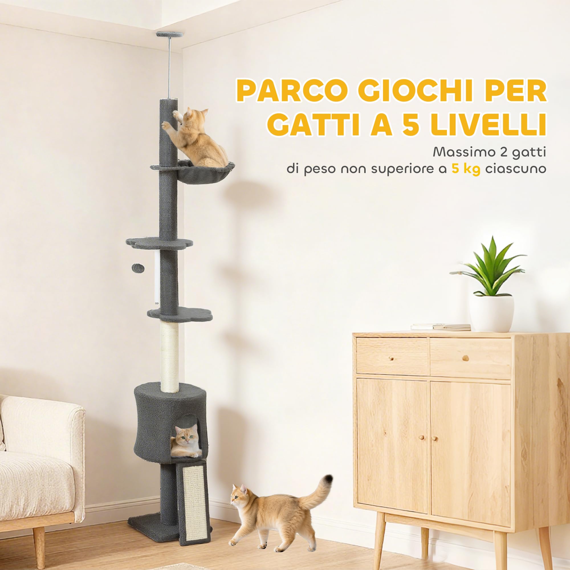 PawHut Albero per Gatti a Soffitto 5 in 1 Alto 220-240 cm, Torre per Gatti con Amaca, Casetta, Piattaforme a Fiore e Pali in Sisal, per Gatti fino 5 kg e Gattini, Grigio Scuro