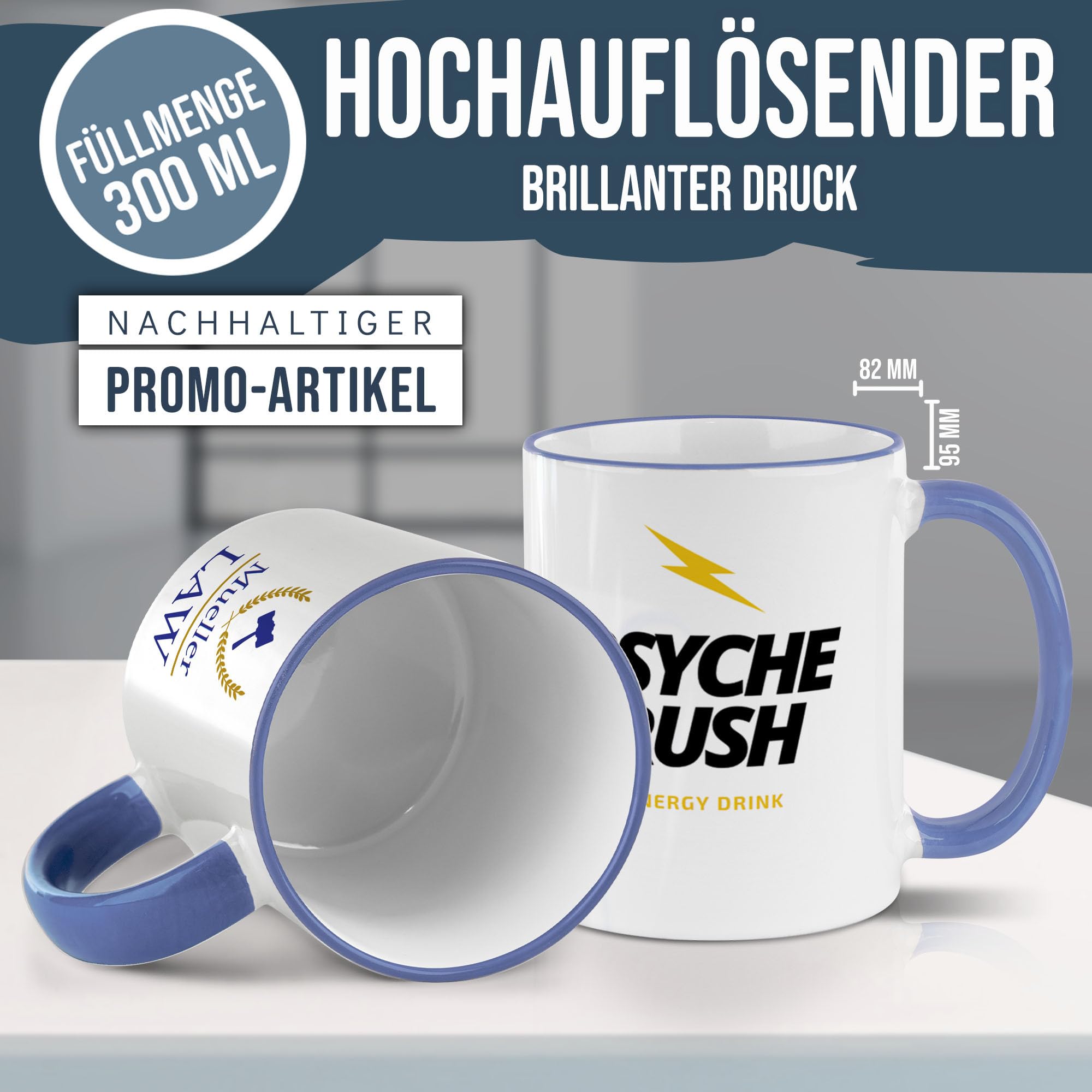 Tassendruck Firmen-Tassen 48 Stück mit eigenem Logo gestalten - Geschenke zum Firmenjubiläum, für Kollegen, Merchandise, B2B | Personalisierte Fotogeschenke - Rand & Henkel Cambridge Blau, 300 ml
