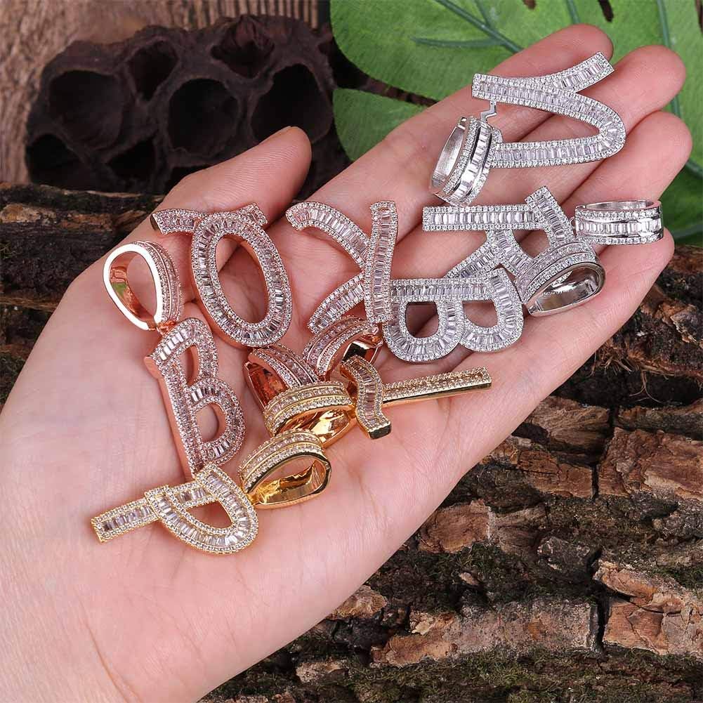 Baguette Initial Letter Necklace Women/Men Iced Out Initial Letter Pendant Necklace with 24" Rope Chain
