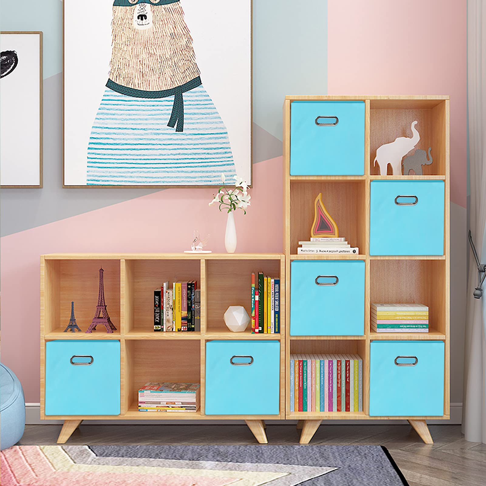Contenedores de almacenamiento de tela, organizador de cubos de tela con asas dobles, cestas de almacenamiento plegables para el hogar, dormitorio, 11 x 11 x 11 pulgadas (azul, paquete de 6)