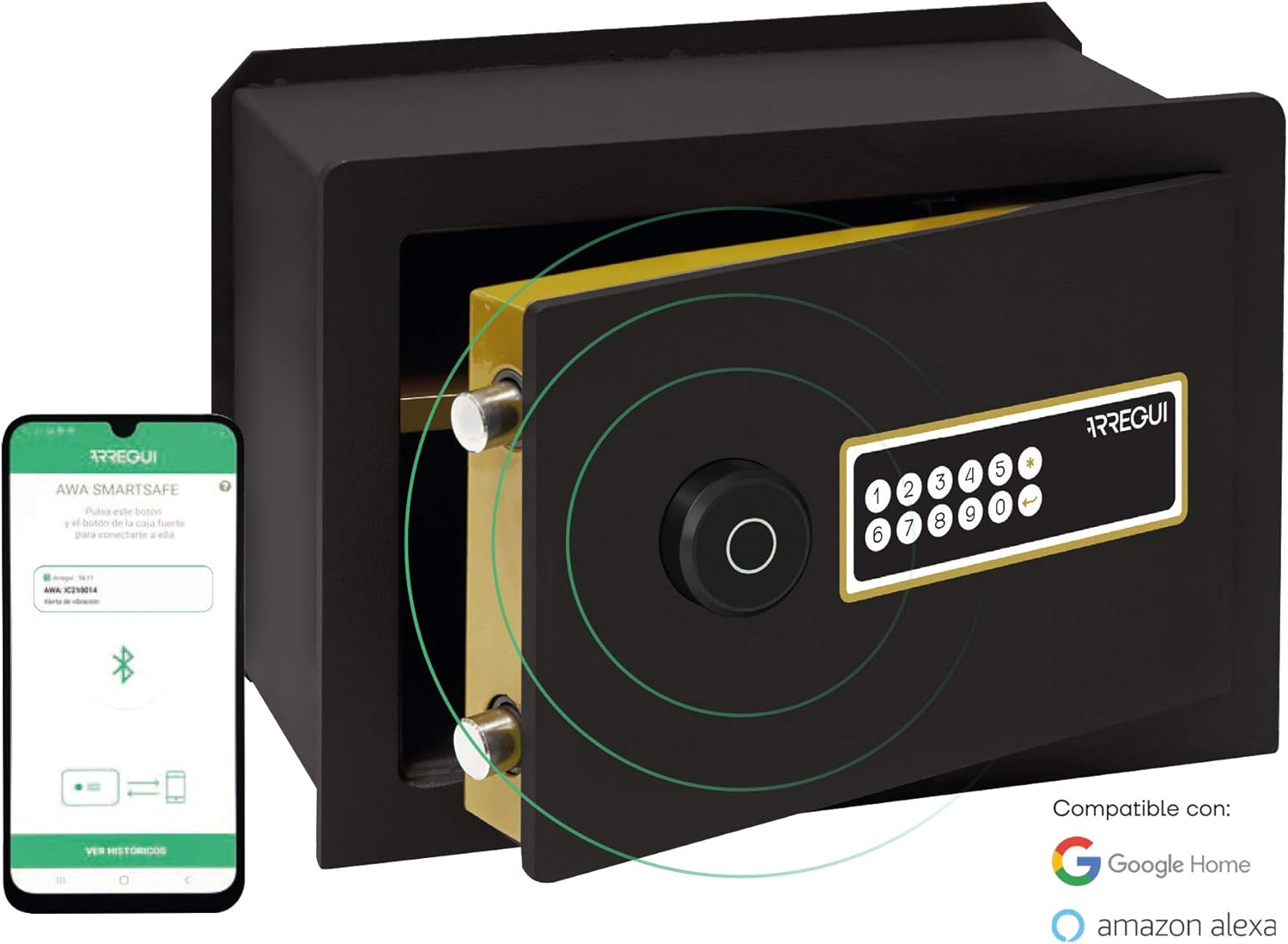 ARREGUI AWA 221740 Smart Safe with a smartphone displaying the control app, and logos for Google Home and Amazon Alexa compatibility.
