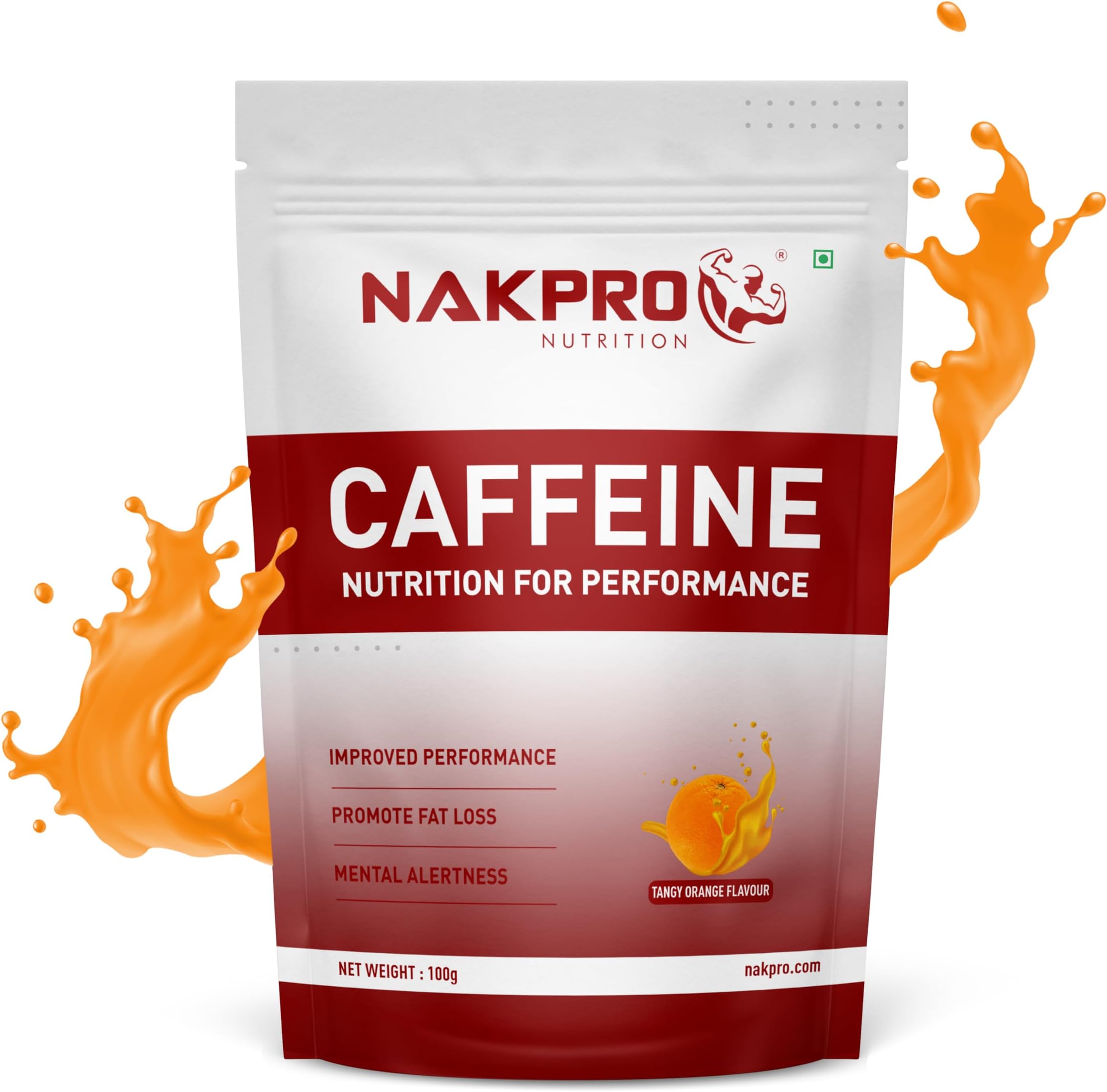 NAKPRO Caffeine Pre-Workout Energy Supplement Powder for Men, Women | Helps in increasing Performance, Focus and Enduarance - 50 Servings (Tangy Orange, 100g)