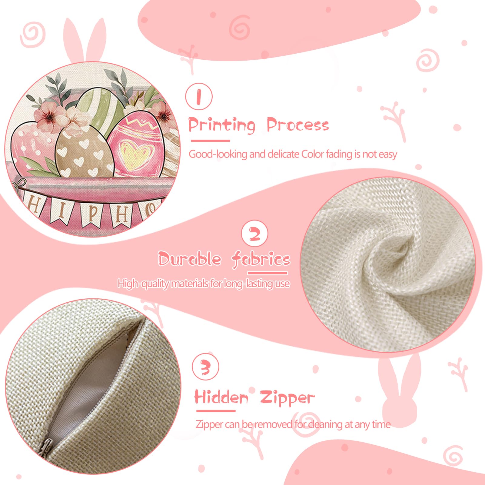 kaiwern Pack of 4 Easter Cushion Covers 45 x 45 cm Easter Decoration, Linen Cushion Cover, Easter Decoration, Spring Holiday Cushion Cover, Easter Bunny Cushion Covers, Bunny Easter Eggs (White)