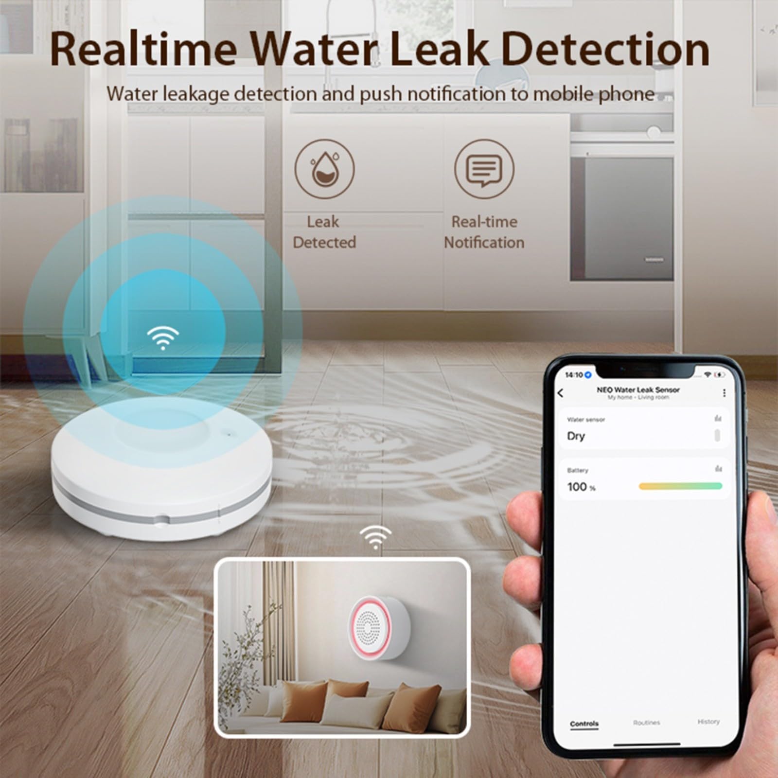 Kit di allarme per perdite d'acqua Tuya WiFi, sensore wireless con telecomando app, rilevamento in tempo reale, cantina, cucina, bagno, 3 sottodispositivi