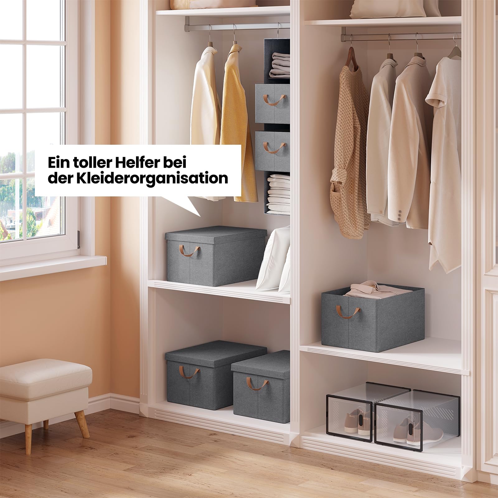 WOLTU Aufbewahrungsbox mit Deckel 5 Stück, aus Polyesterstoff, für Schlafzimmer, Arbeitszimmer, Wohnzimmer, Organizer Box mit Griffen, faltbar, Grau, 43x33x26 cm
