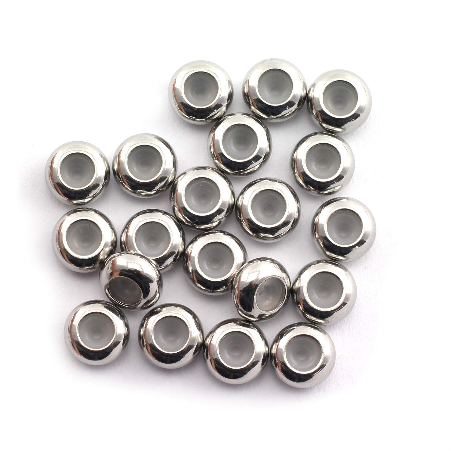 20 Edelstahl-Schiebeperlen Mit Gummifutter – 10x4,5 Mm, Für 4 Mm Schnüre, Als Stopper Für Halsketten & Armbänder