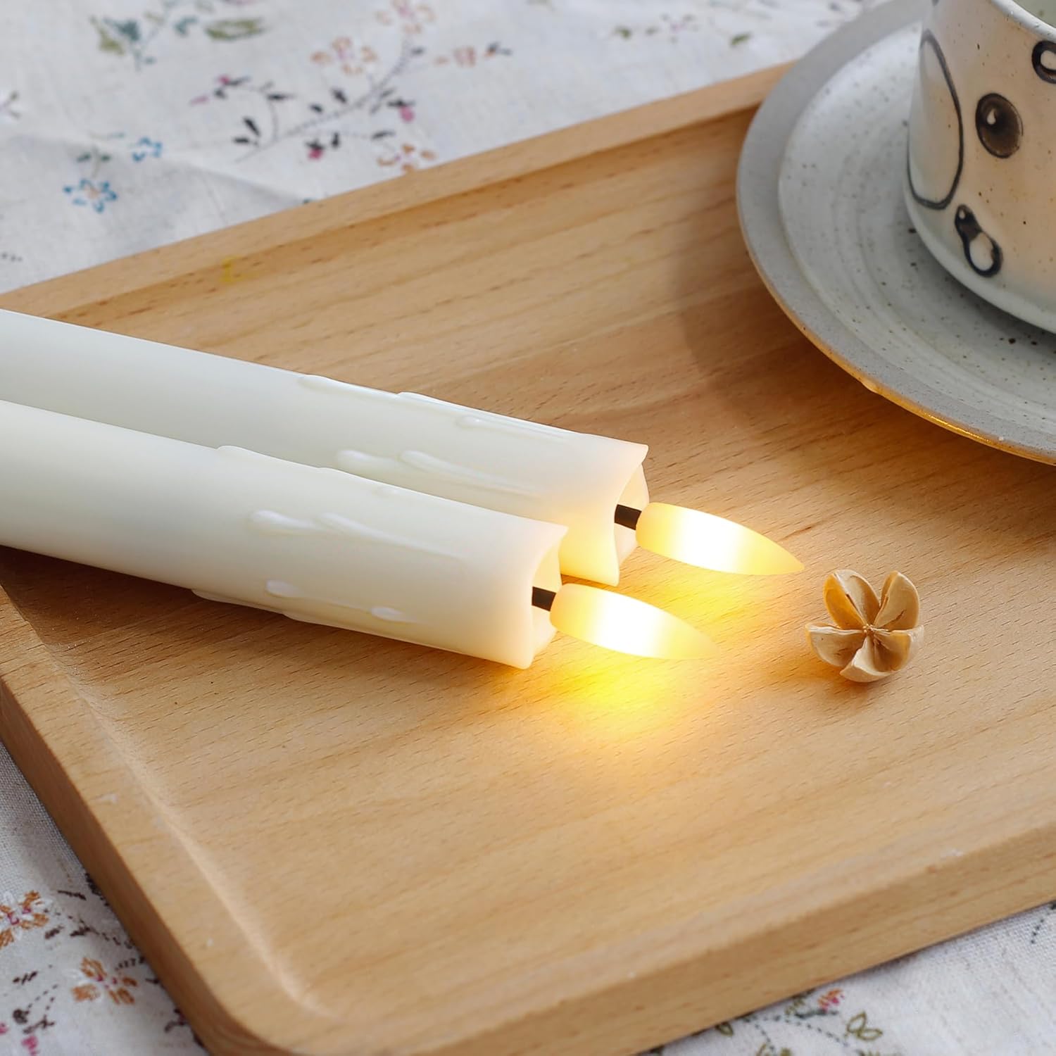 Flameless Flickering Taper Candles Two Remote, 7.5 Inch Ivory Battery Operated LED Window Candles Timer,Set of 6 Plastic 3D-Wick Dripping-Wax Effect Flameless Candlesticks(0.86”Dia,Warm Fire)