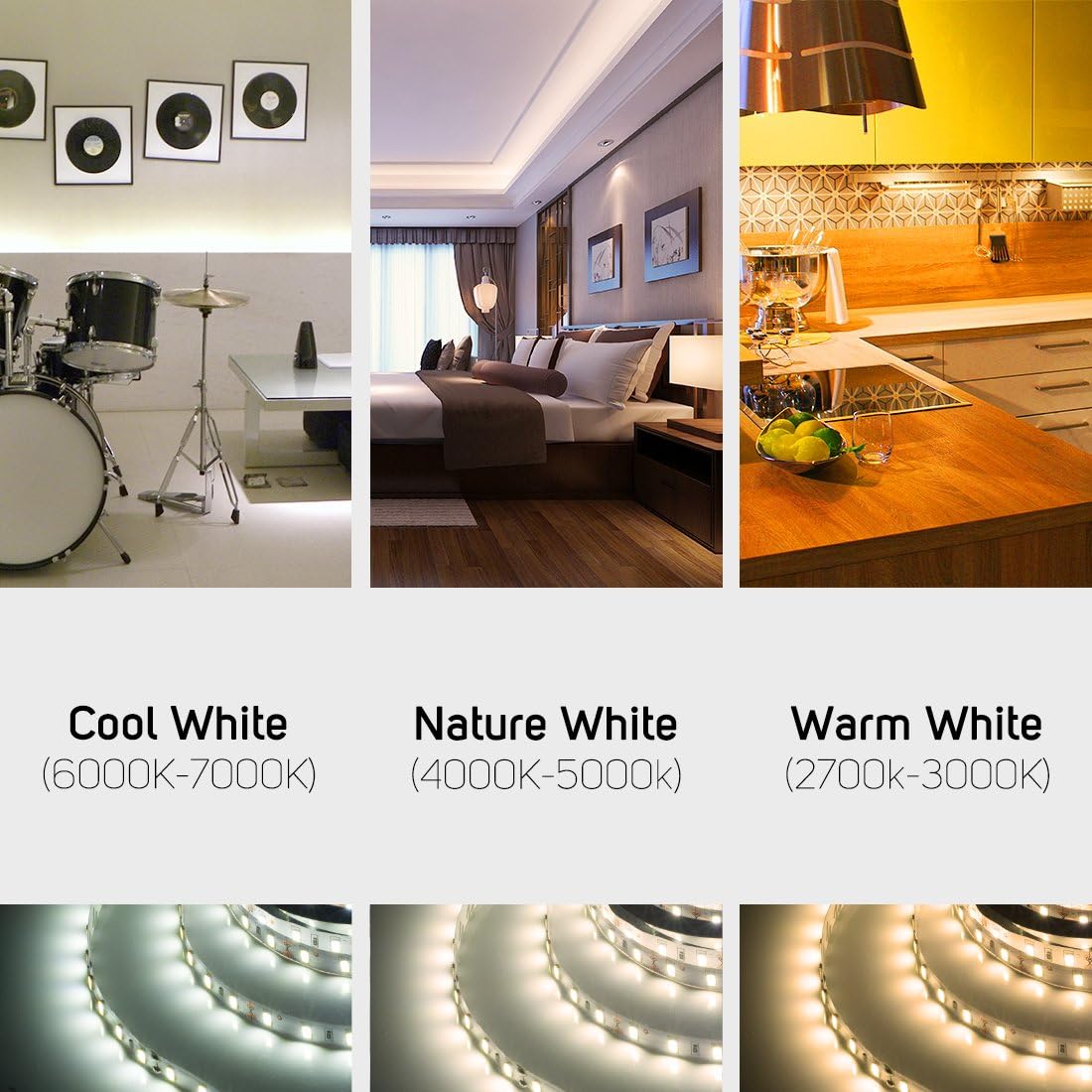 Examples of warm white LED strip lighting in various indoor settings