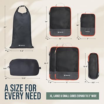 Large Compression Packing Cubes for Travel-Packing Cube Luggage Organizers 7 Piece Set for Checked Luggage-Ultralight, Expandable/Compression Bags by TRIPPED Travel Gear (Grey and Orange Mesh)