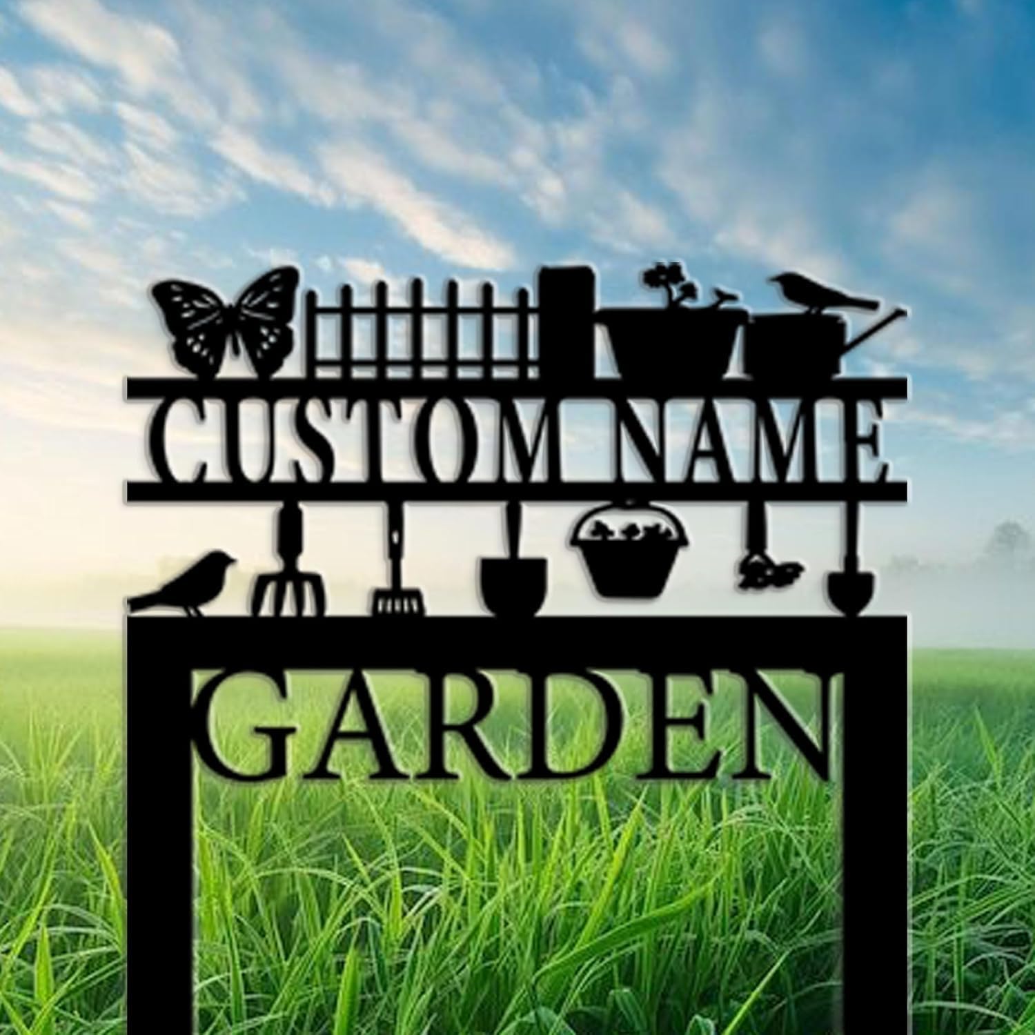Personalized Garden Signs,Custom Wrought Iron Lawn Signs with Butterflies and Weeding Tools-Insertable Metal Art for Outdoor, Courtyard,and Flower Bed Decor-Custom Outdoor Plaques