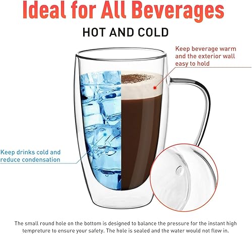 Miniatura 2 de Juego de 2 tazas de café de vidrio de doble pared con asa, tazas de café de capa aislada, tazas de vidrio borosilicato transparente, perfectas para